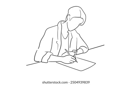 Guy writes, continuous line art drawing isolated on white background. Vector illustration