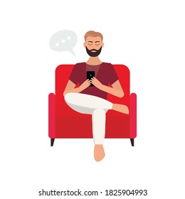 El tipo escribe un mensaje y se sienta en una silla, conversando virtual. Ilustración de material vectorial aislada sobre fondo blanco en estilo plano.