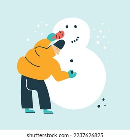 A guy in a yellow down jacket sculpts and decorates a snowman. The character decorates the snowman with buttons and a carrot. Winter outdoor activities. Flat illustration for postcards, posters.