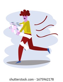Un tipo con un suéter amarillo cae en una histeria masiva con papel higiénico y corre con miedo, la ilustración se dibuja en un estilo plano