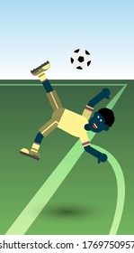 a guy in a yellow-beige sports uniform is playing soccer on a green field against the blue sky. flat design character. vector