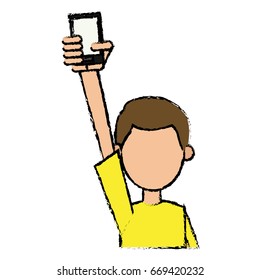 guy young holding smartphone with hand up