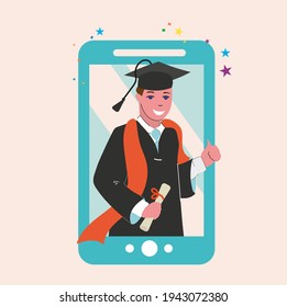 A guy, a young man-a graduate. Prom online. Obtaining a certificate in compliance with the distance. Design, layout, information.