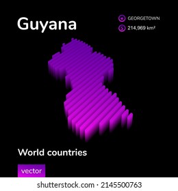 Mapa 3D de Guyana. Vector de neón isométrico a rayas en colores violeta. Mapa geográfico de infografía. Bandera educativa