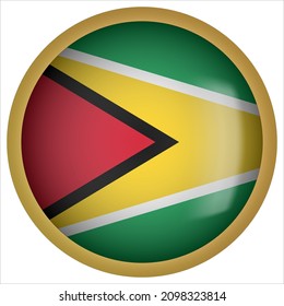 Guyana 3D rounded Flag Icon with Gold Frame