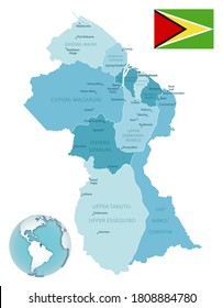 Guyana administrative blue-green map with country flag and location on a globe. Vector illustration