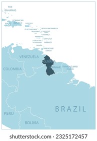 Guyana - blue map with neighboring countries and names. Vector illustration