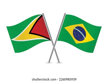 Guyana and Brazil crossed flags. Guyanese and Brazilian flags on white background. Vector icon set. Vector illustration. svg