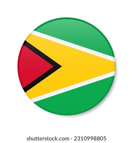 Icono del botón de círculo de Guyana. Bandera redonda guyanesa con sombra. Ilustración vectorial 3D realista aislada en blanco.