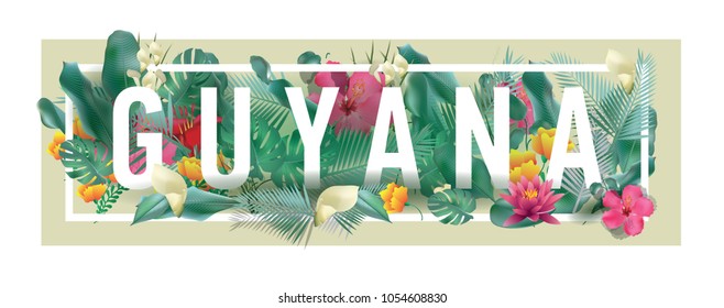 Guyana City Typographic Floral Framed Vector Card Design
