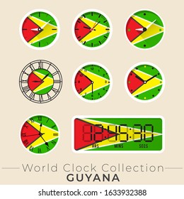 Guyana clock : Set of national flag clock : Vector Illustration