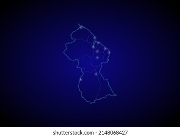 Guyana concept vector map with glowing cities, map of Guyana suitable for technology,innovation or internet concepts.