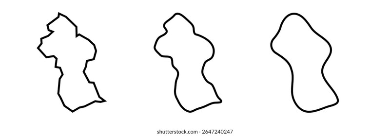 Guyana country black outline silhouettes in three different levels of smoothness. Simplified maps. Vector icons isolated on white background.