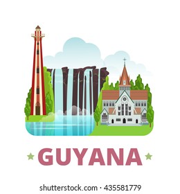 Plantilla de diseño de país de Guyana. La vista histórica estilo caricatura plana muestra la ilustración vectorial del sitio web. Colección South America de turismo mundial. El Faro de Georgetown Catedral de St Georges.