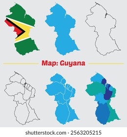 Guyana country map set. internal provinces borders marked, Simple map of Guyana vector drawing, Filled and outline.