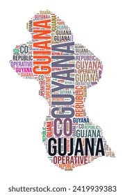 Guyana country shape word cloud. Typography style country illustration. Guyana image in text cloud style. Vector illustration.