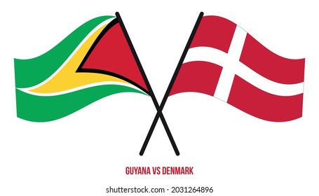 Guyana and Denmark Flags Crossed And Waving Flat Style. Official Proportion. Correct Colors.