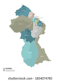 Guyana detaillierte Karte mit Unterteilungen. Verwaltungskarte von Guyana mit dem Namen der Bezirke und Städte, farbig nach Staaten und Verwaltungsbezirken. Vektorgrafik