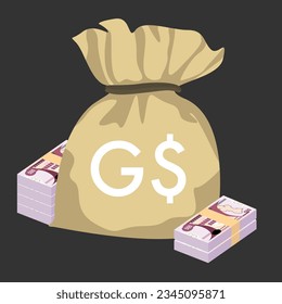Guyana Dollar Vector Illustration. Guyanese money set bundle banknotes. Money bag 500 GYD. Flat style. Isolated on white background. Simple minimal design.