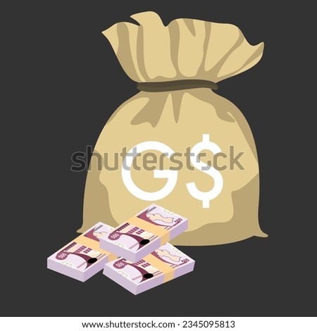 Guyana Dollar Vector Illustration. Guyanese money set bundle banknotes. Money bag 500 GYD. Flat style. Isolated on white background. Simple minimal design.