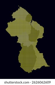 Guyana dotted map. Digital style map of the country on dark background. Guyana shape with square dots. Colored dots style. Small size squares. Creative vector illustration.