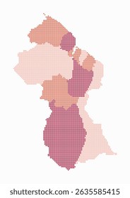 Guyana gepunktete Karte. Digitale Landkarte auf weißem Hintergrund. Guyana Form mit quadratischen Punkten. Farbige Punkte. Kleine Quadrate. Klassische Vektorgrafik.