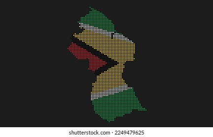 Guyana dotted map flag with grunge texture in mosaic dot style. Abstract pixel vector illustration of a country map with halftone effect for infographic. 