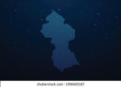 Guyana dotted map in futuristic style, glowing outline made of stars lines dots. Communication, internet technologies concept on dark blue space background. Vector illustration.