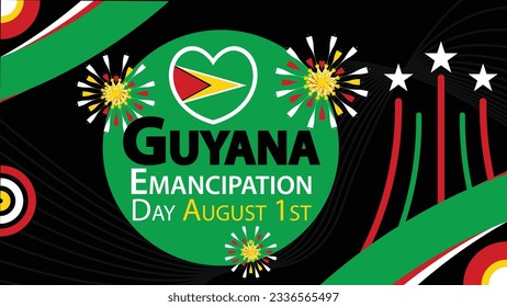 Guyana Emancipation Day banner vector design. Guyana Flag theme illustration with geometric shapes, fireworks, stars and typography. Happy Guyana Emancipation Day modern graphic poster.