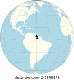 Guyana, que figura en el centro de la proyección ortográfica del mapa mundial, tiene grandes selvas tropicales, ubicadas en Sudamérica.