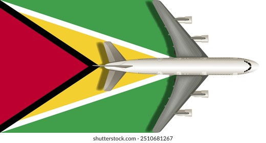 GUYANA flag with airplane flying over it close up. Vector image.