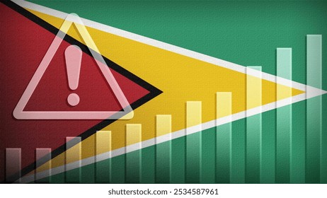 Guyana flag with burlap texture, warning sign, and rising bar chart symbolizing increasing risk or growth challenges in the country. Ideal for data presentations.