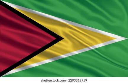 Guyana flag design. Waving Guyana flag made of satin or silk fabric. Vector Illustration.