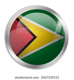 Guyana flag - glossy circle button displays a colorful flag representing a country cultural identity and heritage. The essence of national pride and unity.