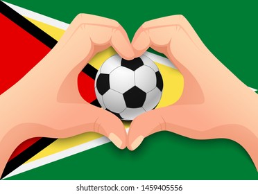 Guyana flag and hand heart shape. National football background. Soccer ball with flag of Guyana vector illustration