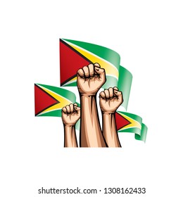 Guyana flag and hand on white background. Vector illustration