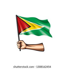 Guyana flag and hand on white background. Vector illustration