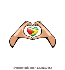 Guyana flag and hand on white background. Vector illustration