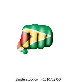 Guyana flag and hand on white background. Vector illustration