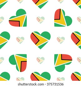 Guyana flag heart seamless pattern. Patriotic Guyana flag background. Country flag in the shape of heart. Vector seamless pattern.