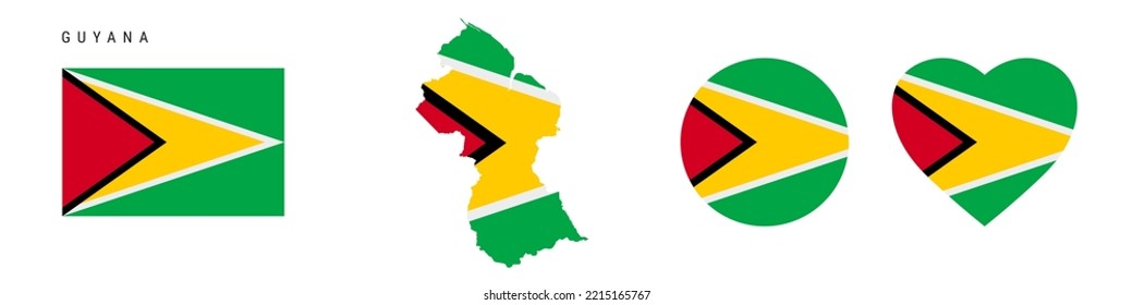 Guyana flag icon set. Guyanese pennant in official colors and proportions. Rectangular, map-shaped, circle and heart-shaped. Flat vector illustration isolated on white.