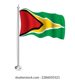 Guyana Flag. Isolated Realistic Wave Flag of Guyana Country on Flagpole. Vector Illustration.