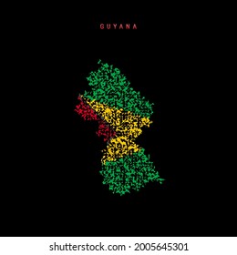 Guyana flag map, chaotic particles pattern in the colors of the Guyanese flag. Vector illustration isolated on black background. svg