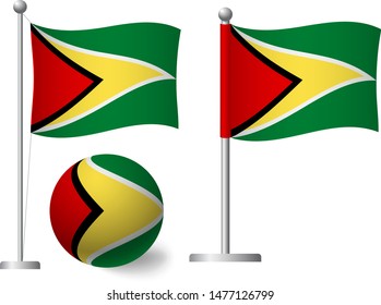 Guyana flag on pole and ball. Metal flagpole. National flag of Guyana vector illustration