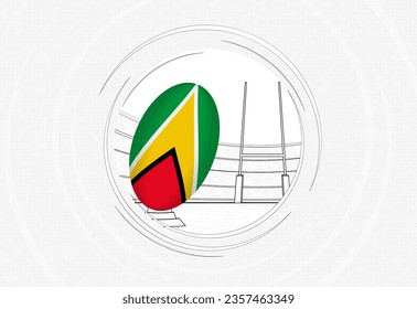 Guyana flag on rugby ball, lined circle rugby icon with ball in a crowded stadium. Vector sport emblem on abstract background.