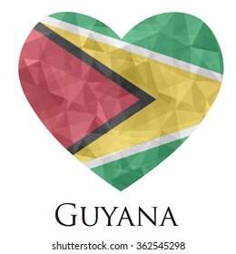 Guyana flag shape heart in geometric rumpled triangular low poly origami style graphic illustration,mosaic polygonal style.Symbol of love to country.Retro or vintage style background.