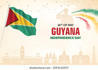 Guyana Flag Waving On Skyline Background. Independence Day Concept Design Vector Illustration.