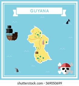Guyana flat treasure map. Colorful cartoon treasure map of Guyana with flat icons of pirate ship, jolly roger, treasure chest and banner ribbon. Flat design vector illustration.