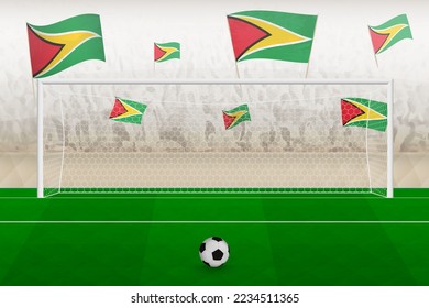 Guyana football team fans with flags of Guyana cheering on stadium, penalty kick concept in a soccer match. Sports vector illustration.