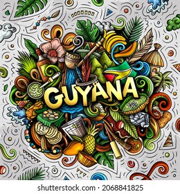 Guyana hand drawn cartoon doodle illustration. Funny local design. Creative vector background. Handwritten text with Latin American elements and objects. Colorful composition